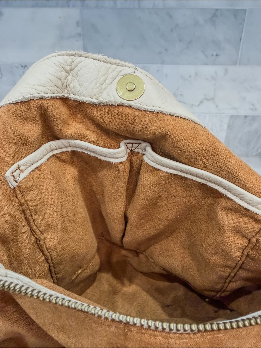 American Leather Co Austin Triple Entry Pebbled Leather Bucket Bag
